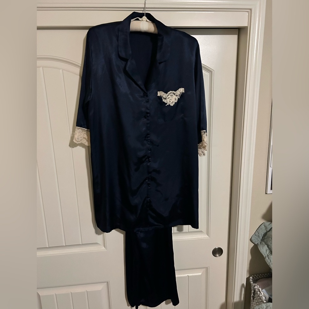Jones New York Navy Satin Pajama Set with Lace Trim